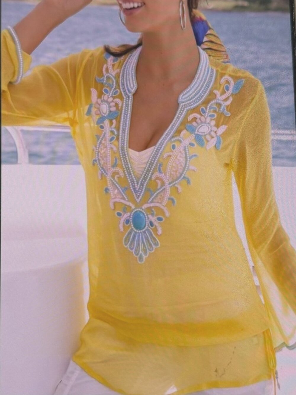 EUC Boston Proper Women’s Yellow Embellished V Neck Resort Tunic Top Boho Size L